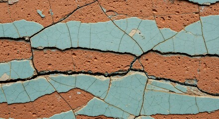 Detailed view of a heavily cracked light blue paint surface with an aged, textured reddish-brown base layer showing through, creating a striking abstract pattern