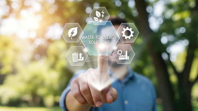 Man pointing at waste to energy solutions icons in a hexagon shape with trees in the background