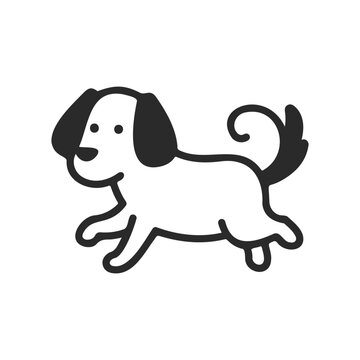 Black and white cartoon dog illustration with curly tail and floppy ears