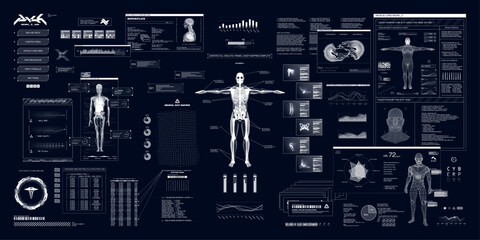 Sci-fi UI, healthcare HUD interface, with 3D body hologram, x-ray organs, mri. Futuristic user interface in cyberpunk style. Modern examination human body with futuristic UI, HUD. Vector graphic set