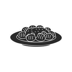 Black and white icon of gnocchi with sauce on plate