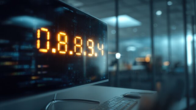 Close medium shot on a glowing timestamp code on a sleek monitor surrounded by softfocus office elements illustrating archival blockchain integrity and audit trail certainty.