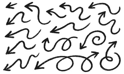 A collection of hand-drawn sketch arrows with rough, textured, charcoal or crayon-like strokes. The arrows are curly, looping, swirly, wavy, and dynamic, pointing in different directions.