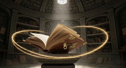 Enchanted ancient tome floating amidst knowledge filled library radiates magical aura