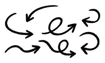A collection of hand-drawn sketch arrows with rough, textured, charcoal or crayon-like strokes. The arrows are curly, looping, swirly, wavy, and dynamic, pointing in different directions.