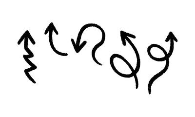 A collection of hand-drawn sketch arrows with rough, textured, charcoal or crayon-like strokes. The arrows are curly, looping, swirly, wavy, and dynamic, pointing in different directions.
