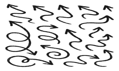 A collection of hand-drawn sketch arrows with rough, textured, charcoal or crayon-like strokes. The arrows are curly, looping, swirly, wavy, and dynamic, pointing in different directions.