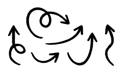 Obraz premium A collection of hand-drawn sketch arrows with rough, textured, charcoal or crayon-like strokes. The arrows are curly, looping, swirly, wavy, and dynamic, pointing in different directions.