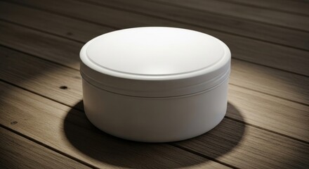 White cosmetic container on wooden surface showcasing elegance and minimalism