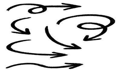A collection of hand-drawn sketch arrows with rough, textured, charcoal or crayon-like strokes. The arrows are curly, looping, swirly, wavy, and dynamic, pointing in different directions.