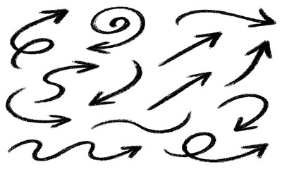 A collection of hand-drawn sketch arrows with rough, textured, charcoal or crayon-like strokes. The arrows are curly, looping, swirly, wavy, and dynamic, pointing in different directions.