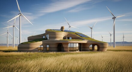 Sustainable living exemplified by modern earth house with wind turbines farm in the background