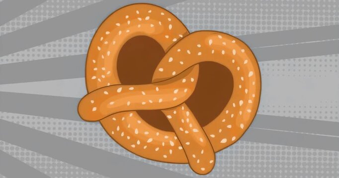 Salted pretzel remaining motionless against gray ray backdrop, showing sesame seeds in crisp detail