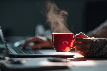 A close-up of steaming red mug, hands on laptop