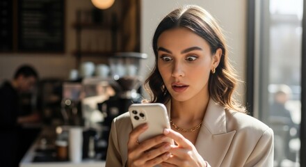 Woman's shocked expression while viewing phone at cafe capturing digital age surprise