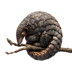 Fototapeta premium Unique scaly mammal curls protectively on a tree branch, showcasing its distinctive armor.