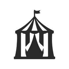 Black and white circus tent icon with striped design and flag