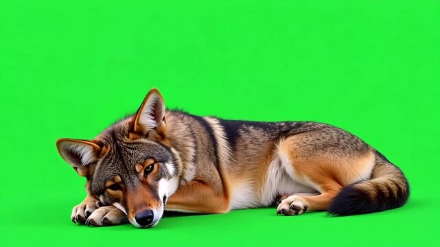 Striking red wolf resting on green background, showcasing its beautiful fur and intense gaze, perfect for wildlife projects