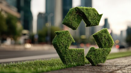 Green recycling symbol made of grass placed on urban sidewalk with modern city buildings in background, representing sustainability and eco friendly living