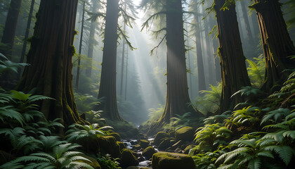 Sunlight streams through the dense canopy of ancient redwood trees, illuminating a lush forest floor carpeted with ferns and moss