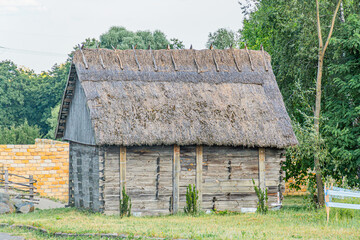 Ancient wooden hut with straw thatch roof in grassy field, surrounded by a low natural fence Distant trees under an overcast sky, tranquil and isolated setting Possibly early morning or late aftern