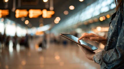 Traveler in focus reviewing sustainable travel options on a tablet with blurred airport signage and people moving in the background.