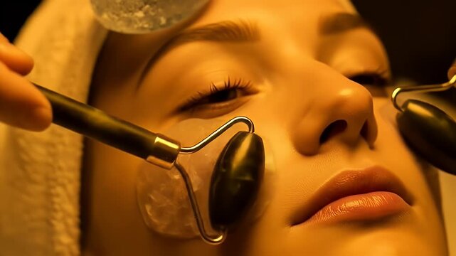 Detailed Close Up of Facial Massage with Cold Globes and Rollers on Fair Skinned Woman for Skincare Treatment in Warm Lighting Perfect for Adobe Stock Photo and Advertisement Promotion