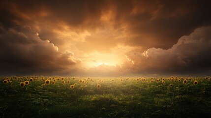 Sunset over sunflower field with dramatic cloudscape