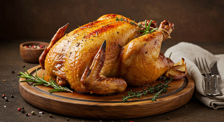 roast chicken on top of a wooden plank