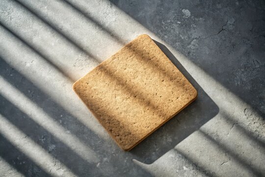 A single slice of bread casting a shadow on a textured surface with light rays