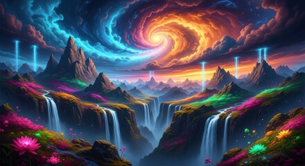 Obraz premium Fantastic landscape with vibrant waterfalls and colorful swirling sky above magical mountain peaks