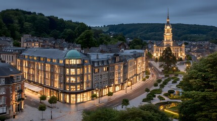 Fototapeta premium Illuminated cityscape at twilight, showcasing a modern architectural ensemble amidst a historical urban setting. A serene urban landscape at dusk, with buildings lit up and a landscaped plaza.