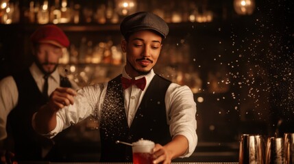 Skilled bartender creating a cocktail in a stylish bar setting