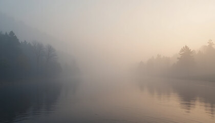 Obraz premium Misty morning over a calm river with silhouetted trees on the bank, bathed in soft, warm light