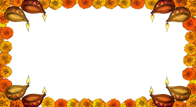 Diwali Festival Border. Traditional Indian lamps and marigold garlands frame, orange color palette on transparent background, Hindu celebration, festive decoration, invitation or banner design