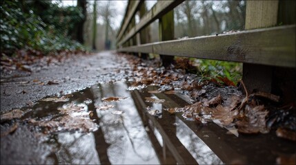 Puddle reflections on a walkway under a wooden fence.