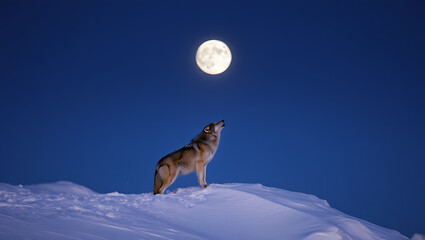 A lone wolf howls at the bright full moon on a snowy ridge under a deep blue night sky