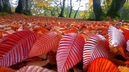 Obraz premium Vibrant Red Autumn Leaves Ground Cover Forest Floor