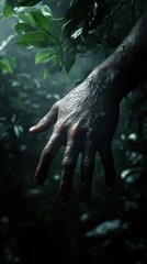 Mysterious hand amidst lush jungle foliage in dewy atmosphere