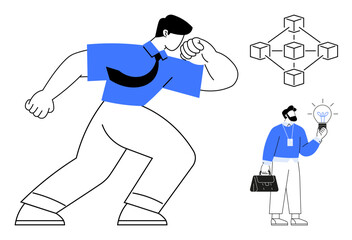 Dynamic businessman in formal attire holding a briefcase and light bulb, alongside stylized blockchain network. Ideal for innovation, leadership, creativity, technology, teamwork, growth, simplicity
