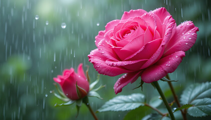 A vibrant pink rose blooms in the soft rain, with delicate water droplets clinging to its petals and leaves, creating a serene and romantic atmosphere