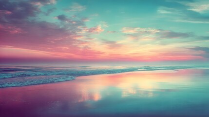 Fototapeta premium A serene beach scene at sunrise, painted with soft pastel colors and reflecting the vibrant sky.