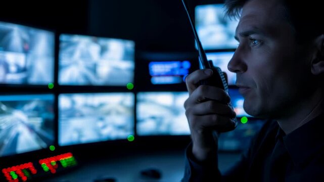 Man communicating on walkie-talkie in security control room with multiple surveillance monitors depicting various camera feeds.