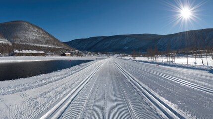 Obraz premium Snow-covered cross-country ski track with mountains and a lake in the background.