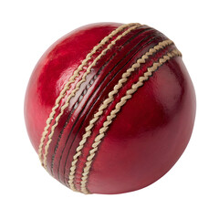 A vibrant red cricket ball with prominent stitching, ready for the game.
