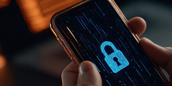 A close-up view of a smartphone displaying a glowing blue padlock icon on a dark background of data streams, suggesting secure mobile device access.
