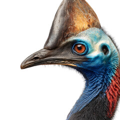 Striking profile of a vibrant cassowary bird with intense orange eyes against a clean white background.