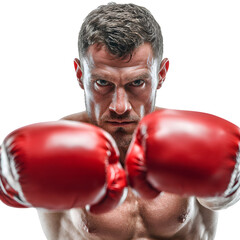 Determined boxer with intense focus ready to fight, showcasing strength and discipline.