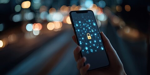 Close-up view of a smartphone displaying a security lock icon with a network graphic overlay, held by a person's hand at night.  A blurred cityscape with city lights is visible in the background.