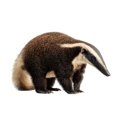 A solitary badger with distinctive striped markings stands alert against a clean white background.